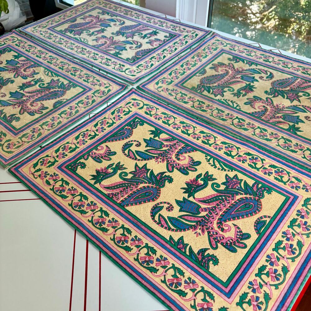 Vintage Set of 4 Paisley Placemats Pink Green Cotton Table Linens
